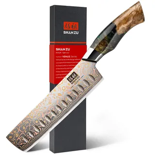 SHAN ZU Damastmesser Nakiri Kochmesser Handgeschmiedetes Japanisches Messer, 33 Schichten Damaststahl & Kupfer Profi Damast Scharfe Küchenmesser 18CM - VENUS Series