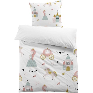 MUSOLEI Bettwäsche Mädchen Kinderbettwäsche Prinzessin Einhorn 135x200cm Mikrofaser 2-teiliges 3D Kinder Bettwäsche-Set 1 Bettbezug mit 1 Kissenbezug 80 x 80 cm, Prinzessin 01