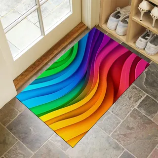 MULERN Eingang Fußmatte 40X60Cm - Innen Und Außen Waschbar Fussmatt, Wasserdicht Türmatte, Welle Bunter Regenbogen Rutschfester Schmutzfänger Teppich Für Eingang, Haustür, Patio, Flur, Garten