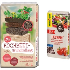 Universal Bio Hochbeet-Grundfüllung 60 Liter & Bio-Erde Lecker 20 Liter - Gemüseerde für Hochbeete, Tomaten, Chili, Beeren, Gurken, Kräuter - torffrei und vegan
