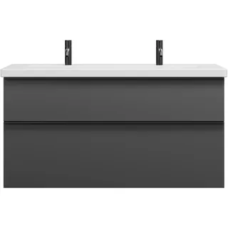 burgbad Eqio Keramik-Waschtisch mit 2 Armaturbohrungen, inklusive Waschtischunterschrank, Breite 1230mm, SEYR123F6584C0001G0252, Farbe: Dunkelgrau Matt / Dunkelgrau Matt, Griffleiste Schwarz Matt