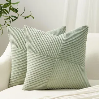 Topfinel Kissenbezug Grün 50x50 Kordsamt 2er Set Windmühle Streifen Muster Kissenbezüge Kissenhülle Zierkissenbezüge Deko für Sofakissen Couchkissen Wohnzimmer Couch Sofa Frühling Sommer