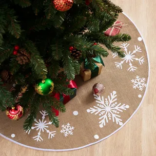 JOIEDOMI 91,4 cm großer Weihnachtsbaumrock aus Jute mit Schneeflocken, Dekoration für Weihnachten, Zuhause, Urlaub, Innen- und Außenbereich, saisonale Dekorationen