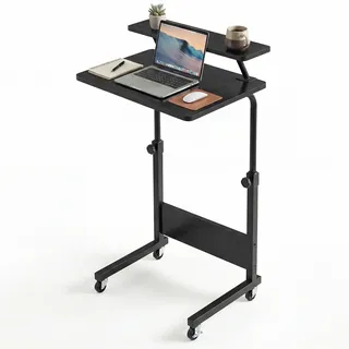 YITAHOME Mobilfunk Schreibtisch mit Rollen, Tragbarer Home Office Computertische Laptoptisch, Beistelltisch Höhenverstellbar mit Aufbewahrungsregal, Stehpult Beistelltisch Rollen, Schwarz