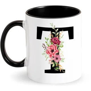 KaffeeTasse mit Buchstabe, Tasse mit Initial Blumen, Personalisiert Geschenke für Beste Freundin Tochter Mama Oma Schwester Gattin Lieblingsmensch Verliebte Frauen zum Geburtstag Muttertag (T)