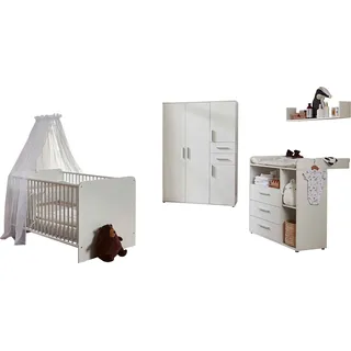 BMG Möbel Babyzimmer-Komplettset »Lea«, (Set, 4 tlg., Bett, Wickelkommode, Schrank, Wandboard), Bett + Wickelkommode + 4-trg. Schrank + Wandboard, weiß