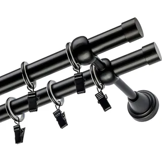 Voppi Gardinenstange Simpla 2-läufig 280 cm 19+19 mm schwarz, silent Vorhangringe mit Klammern, moderne Vorhangstange, einfache Wandmontage - Schwarz