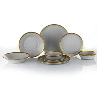 Elegantes 16-teiliges Speiseservice, 100% Porzellan, Grau & Gold | Inklusive Servierteller, Schüsseln und Becher | Perfekt für stilvolle Esserlebnisse