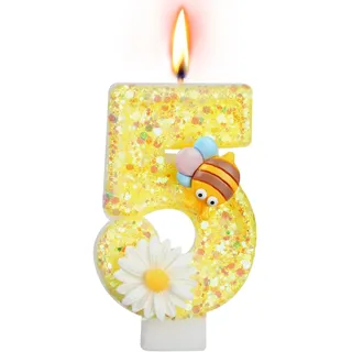 Alaoo Geburtstagskerzen Zahlen 5, 3D Honigbiene und Blume Geburtstagskerzen, Gelb Glitzer Geburtstagskerzen,Kuchen Topper Dekoration Kuchendeko Geburtstag, Partyzubehör