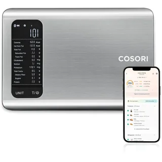 COSORI Küchenwaage digital mit Nährwertberechnung, Ernährungswaage App verfolgt 19 Nährstoffe, Kaloriendatenanalyse, Edelstahl-Lebensmittelwaage, geeignet für Gewichtsverlust, 5KG-1g,Silber