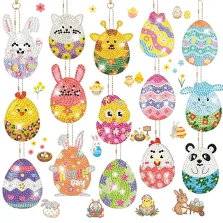 PIujsym 15 Stück Diamond Painting Ostern, Ostereier Tier Schlüsselanhänger, Doppelseitig Diamond Painting Schlüsselanhänger Set, 5D DIY Mosaik Bastelset für Erwachsene, Osterngeschenk Osterdeko