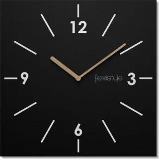FLEXISTYLE Scandic quadratische Wanduhr 30 cm modern Holz Badezimmer Wohnzimmer ohne Ticken (Schwarz) - Schwarz