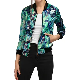 Allegra K Damen Bunt Blouson Frühling Sommer Bomberjacke Blumenmuster Reißverschluss Jacket Grün XS