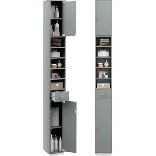 COSTWAY Badschrank Hochschrank schmal, Badezimmerschrank mit 2 Türen, 1 Schublade und verstellbaren Regalen, platzsparender Badregal für Badezimmer, Wohnzimmer, Küche, 20 x 20 x 180 cm (Hellgrau) - Grau