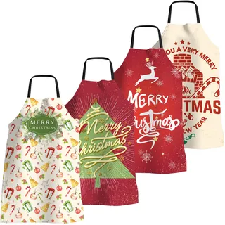 FunChaos 4 Stück Weihnachtsschürze Lustig Weihnachten Kochschürze für Frauen Männer Verstellbare Küchenschürzen Wasserdichte Schürze für Küche Backen Grillparty Weihnachtensparty, Muster