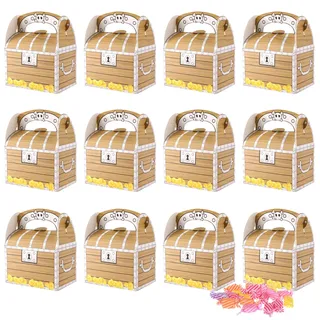 12 Stück Piraten Schatzkiste für Snack Süßigkeiten Schokolade Schatzkarte | Pirat Schatz Truhe Mitgebsel Box mit Griff, Pirat Schatztruhe Kindergeburtstag, Piraten Party Box Schatztruhe Kinder