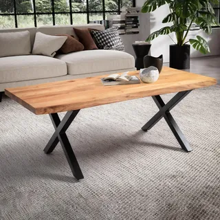 FineBuy Couchtisch Akazie Massivholz 120 cm · Wohnzimmertisch mit natürlicher Baumkante und schwarzem X-Gestell aus Metall · Handgefertigt - Braun