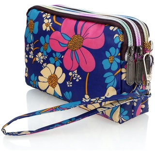 conisy Damen Clutch Geldbörse mit Ethno Blumen Muster, Multifunktional Crossbody Kleine Umhängetasche Damen Unterarmtasche (Blumen blauer Hintergrund)