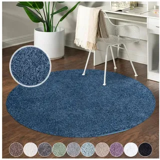 Carpet City Shaggy Hochflor Teppich - Rund 160 cm - Blau - Langflor Wohnzimmerteppich - Einfarbig Uni Modern - Flauschig-Weiche Teppiche Schlafzimmer Deko
