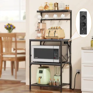 AIORBER Küchenregal mit Steckdose 4 Ebenen Mikrowellenregal mit Haken höhenverstellbar Kaffee Bar Regal freistehend Metall Holz Grau