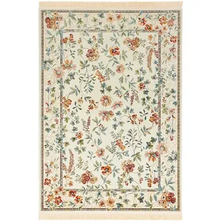 Nouristan Naveh Orient Wohnzimmerteppich Kurzflor mit Fransen Vintage Orientalischer Samt-Teppich für Esszimmer, Wohnzimmer, Schlafzimmer – Creme, 195x300cm, Rayon, 195x300 cm