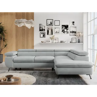 Ecksofa Sofa Grau, Wohnlandschaft L-Form mit Schlaffunktion und Bettkasten, Schlafsofa mit Bettkasten, Sofa mit Einstellbare Kopfstützen, Peter L - Hellgrau Velvet - Rechts Grau - Hellgrau