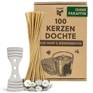 beegut 100 nachhaltige Kerzendochte aus nachwachsendem Hanf & natürlichem Bienenwachs, ohne Paraffin, Kerzendocht 10cm mit praktischem Dochthalter