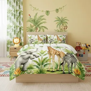 QOOMO Wildtier-Bettwäsche-Set, Doppelbett, Elefant, Giraffe, Zebra, 3-teiliges Bettwäsche-Set, Bedruckte Bettdecke mit 2 Kissenbezügen, Daunen-Alternative, weich und leicht, für alle Jahreszeiten