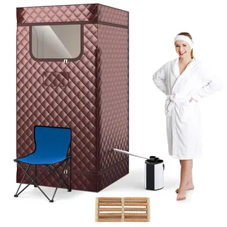 RELAX4LIFE Mobile Dampfsauna 3L, Heimsauna mit Fernbedienung&Saunastuhl, Sitzsauna mit 9 Temperaturstufen, Timer&Vernebelungsfunktion, Mini Sauna 1000W Verdampfer, Saunakabine 91x91x183cm (Kaffee)