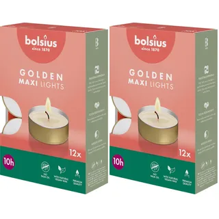 Bolsius Maxi-Teelichter mit goldenem Becher - 12 Stk. - 10 Stunden Brenndauer - Dekorative Haushaltskerzen - Unparfümiert - Mit Natürlichem Pflanzenwachs - Ohne Palmöl (Packung mit 2)