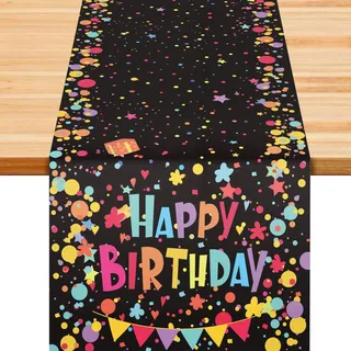 Tischläufer Geburtstag Schwarz, Tischdecke Geburtstag mit Bunte Punkte, Happy Birthday Tischläufer zum Geburtstag, Tischdeko Geburtstag für Junge Mädchen Party Geburtstagsdeko, 180 x 35 cm