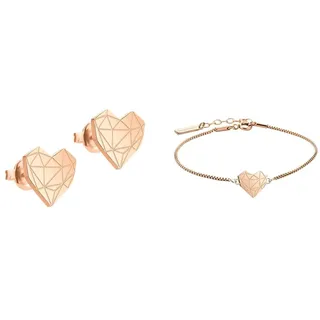 LIEBESKIND Damen-Ohrstecker Edelstahl LJ-0309-E-11 & Damen Armband Herz Edelstahl Silber 20 cm (roségold)