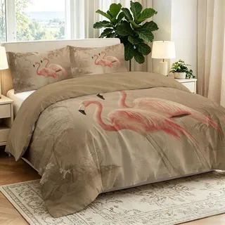 BSYYZQC Flamingo Bettwäsche 135x200 cm mit 2 Kissenbezügen | Mikrofaser Studenten Bettbezug mit 2 Kissenbezüge 80x80 cm, Pflegeleicht Bettwäsche Mit Reißverschluss, Weich und Bügelfrei