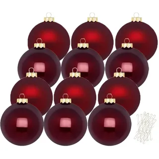 Inge Glas große Weihnachtskugeln mit Haken | Christbaumkugeln aus Glas | Set 12 Kugeln 8cm groß und 40 Aufhänger | Christbaumschmuck Weihnachtsbaumkugeln (Smooth Port | weinrot)