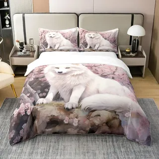 3D Tier Muster Bettbezug 100% Natürliche Baumwolle für Kinder Teens, Weißer Fuchs Tröster Bezug 135x200,Rosa Kirschblüten Bettwäsche Set Weich, Frühling Floral Bett Set mit 1 Kissenbezug