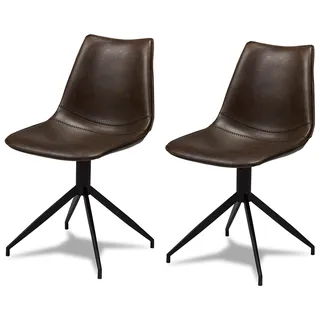 Ibbe Design 2er Set Dunkel Braun Kunstleder Esszimmerstühle Vintage Industrial Drehbar Lounge Stühle Jonas, Schwarz Metallgestell, 48x57x85 cm