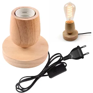 BAIFULAI Tischlampe Holz, E27 Nachttischlampe Holzfuß, Mini Tischleuchte mit Holzsockel &Kabelschalter, Retro, EU-Plug, Nachttischlampe für Schlafzimmer, Wohnzimmer oder Büro (ohne Glühbirne)
