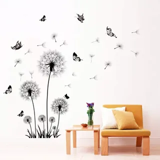 Runtoo Wandtattoo Pusteblume Schmetterling Wandsticker Schwarz Blumen Wandaufkleber Kinderzimmer Wohnzimmer Schlafzimmer