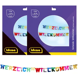 Idena 90117 - Herzlich Willkommen Girlande, 2 Stück, Geburtstagsdeko, Kindergeburtstag