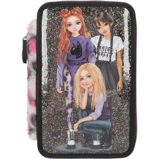 DEPESCHE 13017 TOPModel Rebel Kitty - Gefüllte 3-Fach Federtasche in Schwarz, mit Model Motiv, Glitzer und Leo-Fell, Federmappe mit Buntstiften, Lineal, Schere uvm.