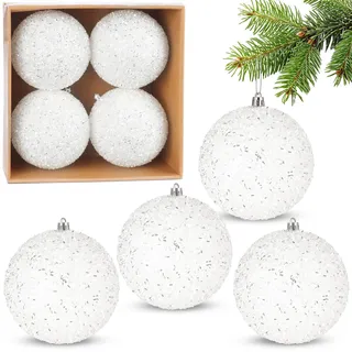 Brubaker Glitzer Weihnachtskugeln - 4er Set große Glitter Baumkugeln - 10 cm Christbaumkugeln Bruchsicher aus Kunststoff - Christbaumschmuck für Weihnachtsdeko - Weihnachtsbaumkugeln - Weiß
