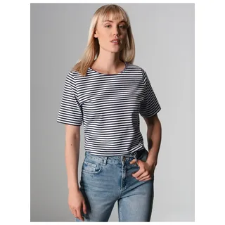 T-Shirt TRIGEMA "TRIGEMA T-Shirt mit Streifenmuster", Damen, Gr. S, blau (navy), Single Jersey, 100% Baumwolle, Rundhals, Shirts T-Shirt