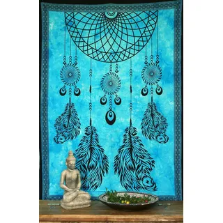 GURU SHOP Boho-Style Wandbehang, Indische Tagesdecke - Chakra Traumfänger/Türkis, Baumwolle, 190x140 cm