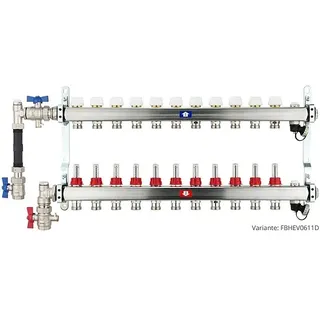 Fußbodenheizungsverteiler aus Edelstahl mit Topmeter für 11 Heizkreise - mit WMZ-Anschlussset 110 mm senkrecht