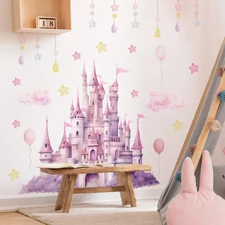Fufuquare Cartoon Rosa Märchen Schloss Wandtattoo Wolke und Stern Vinyl Wandaufkleber für Kinderzimmer und Mädchen Schlafzimmer