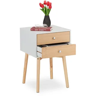 Relaxdays Nachttisch, mit 2 Schubladen, HBT: 60x40x40 cm, für Schlaf-, Kinder-, Jugendzimmer, Nachtkommode, weiß/natur