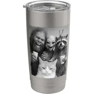 Katzen-Selfie mit Bigfoot, Alien & Racoon | Lustige Katze Doppelwandiger Edelstahl-Thermobecher