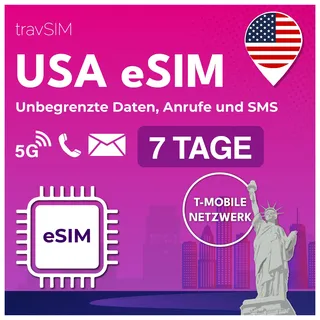 travSIM USA eSIM | T-Mobile Netz | Unbegrenzte Daten, Anrufe & Texte in den USA | e SIM Amerika funktioniert auf eSIM kompatiblen iOS & Android Geräten | e SIM Karte USA 07 Tage