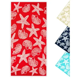 ZOLLNER Strandtuch - Flauschiges und saugstarkes Badetuch in 90x180 cm - waschbar bis 60°C - Baumwolle - maritimes Muster mit Seesternen und Muscheln in rot - Oeko Tex® Zertifiziert