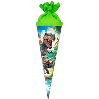 Goldbuch 93 157 Geschwistertüte Vulkan, Schultüte mit Dinosaurier-Motiv, Lackkarton, Geschenkverpackung mit grünem Filzverschluss (ohne Verschlussband), Zuckertüte rund, Länge 35 cm, Ø 11,5 cm, Bunt